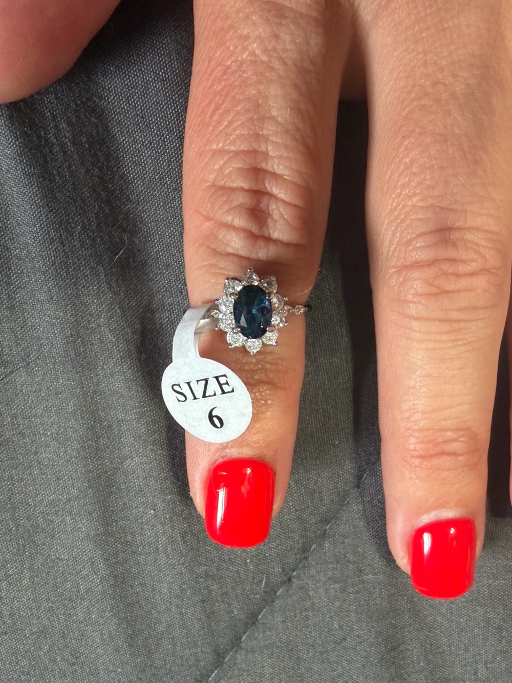 Silver Blue Sapphire Halo Ring - Size 6